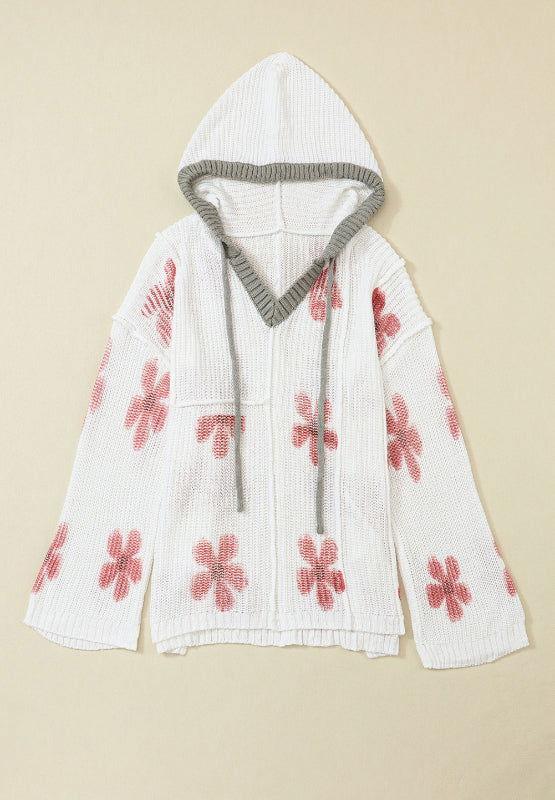 Drawstring Flower Hooded Knit Top - Clothes For Her Online Store