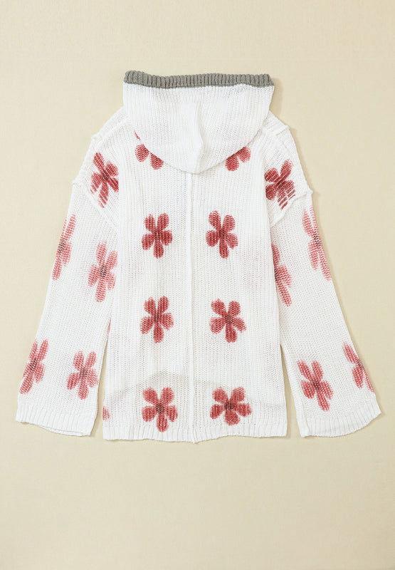 Drawstring Flower Hooded Knit Top - Clothes For Her Online Store