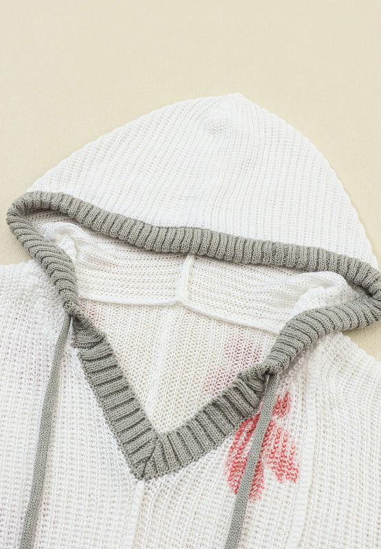 Drawstring Flower Hooded Knit Top - Clothes For Her Online Store