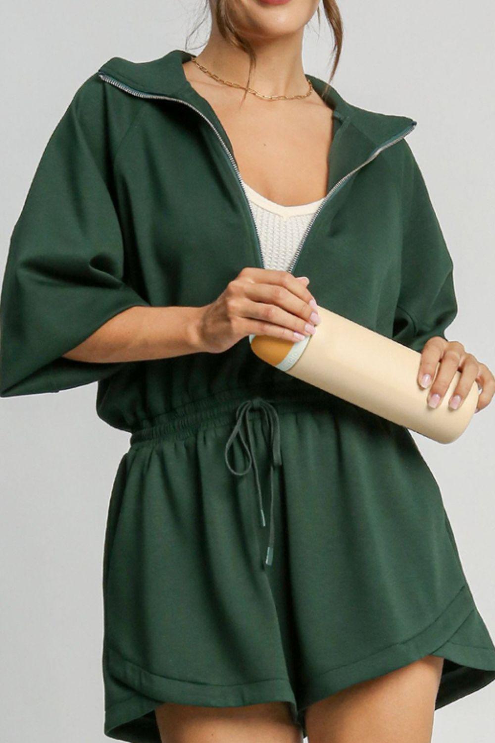 Drawstring Half Zip Long Sleeve Romper - Clothes For Her Online Store