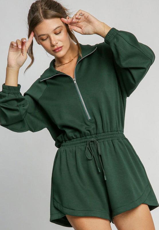 Drawstring Half Zip Long Sleeve Romper - Clothes For Her Online Store