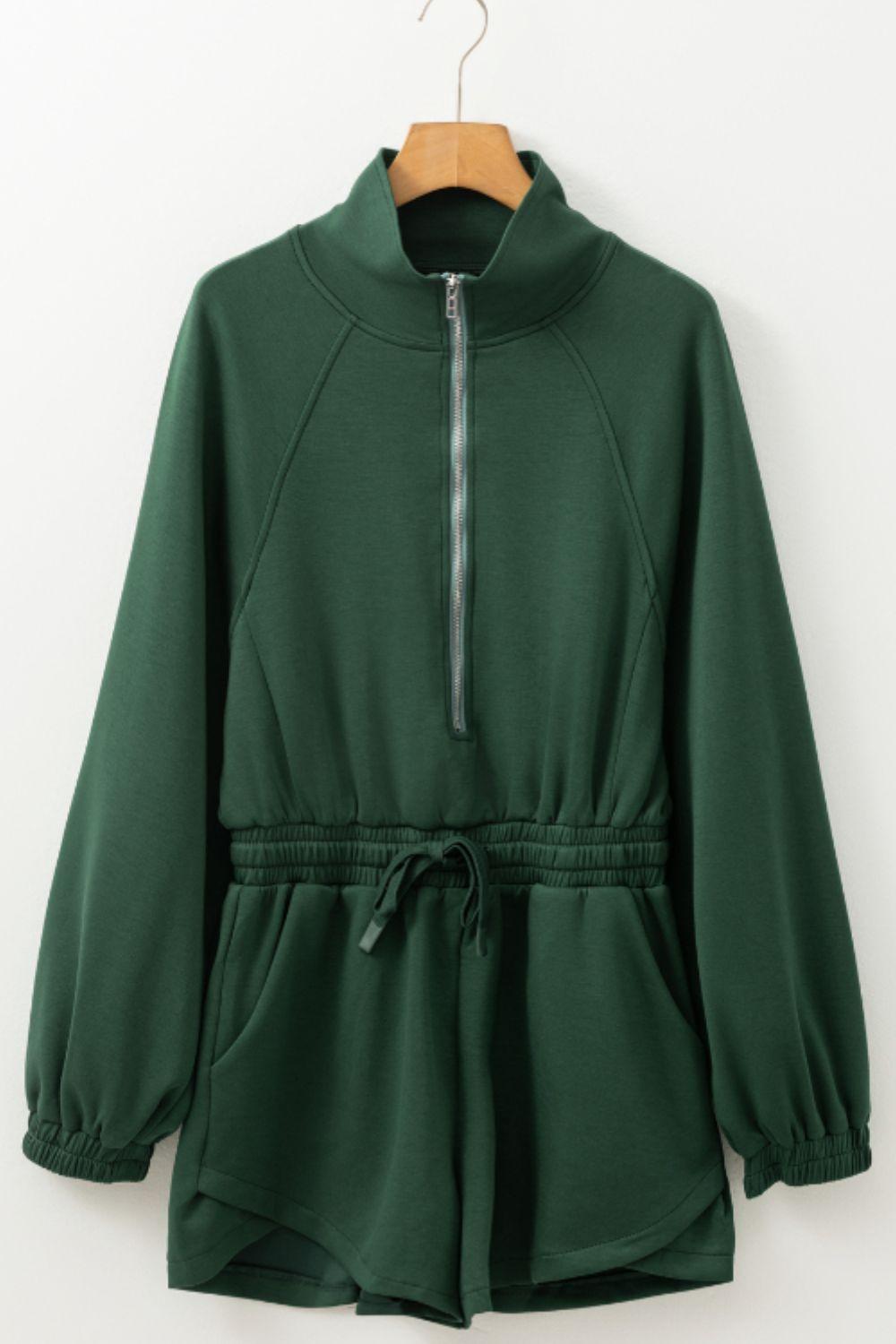 Drawstring Half Zip Long Sleeve Romper - Clothes For Her Online Store