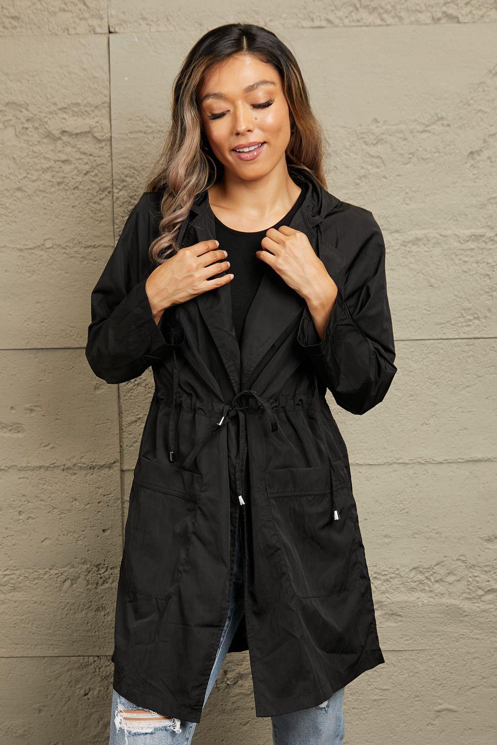 Drawstring Hooded Longline Jacket - Clothes For Her Online Store