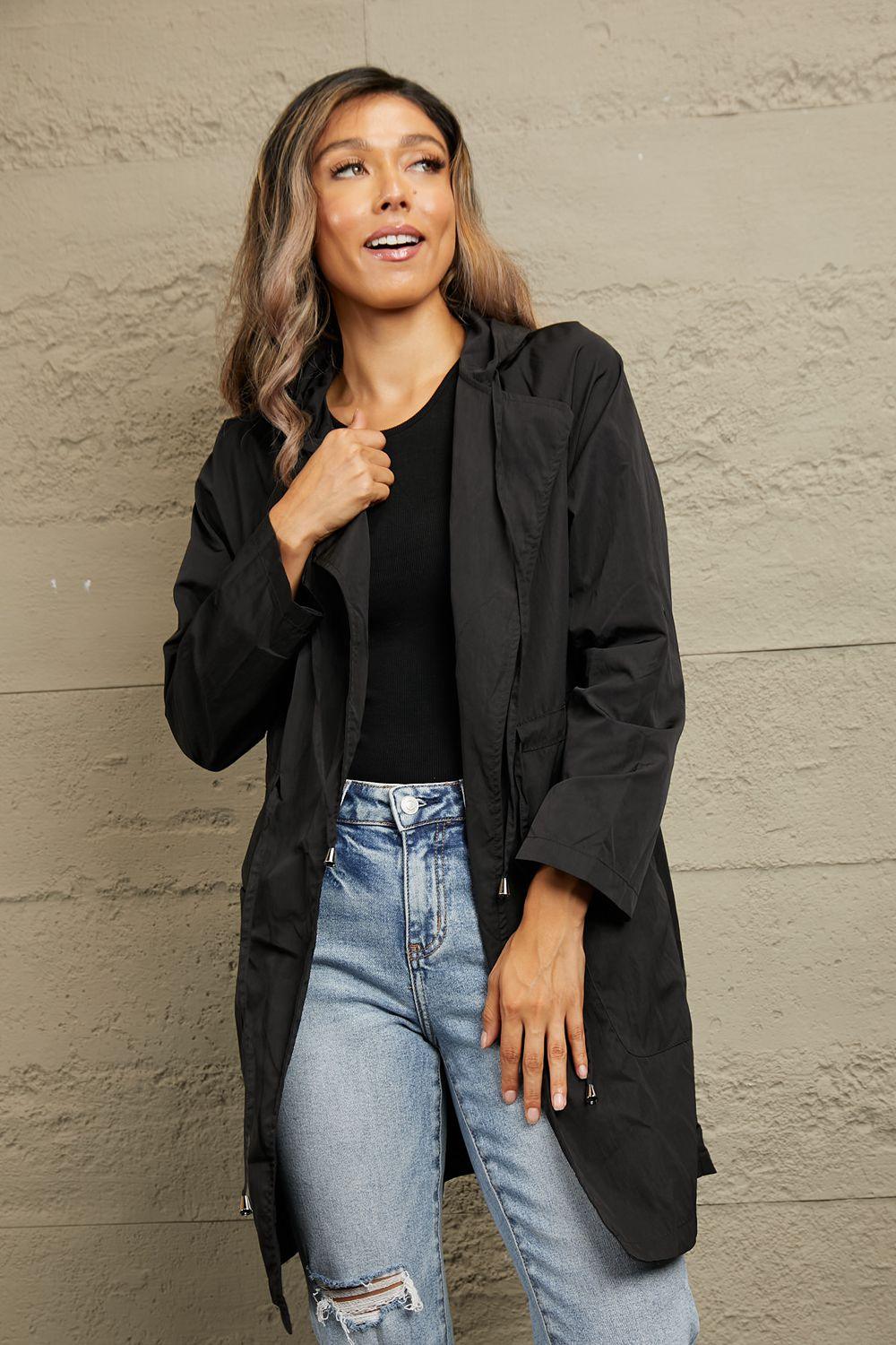 Drawstring Hooded Longline Jacket - Clothes For Her Online Store