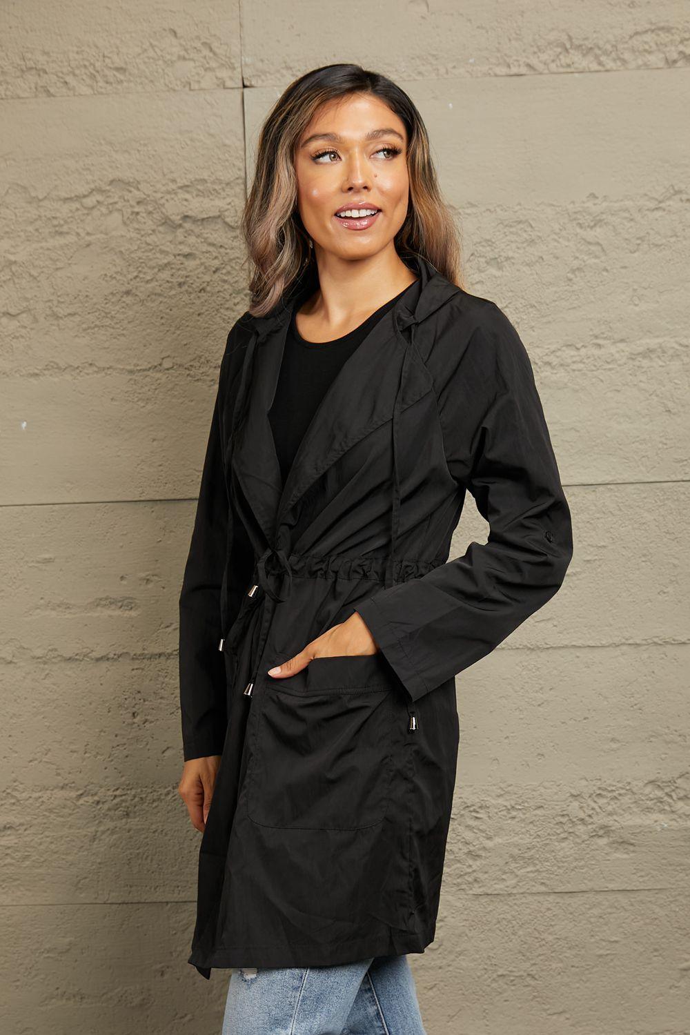 Drawstring Hooded Longline Jacket - Clothes For Her Online Store