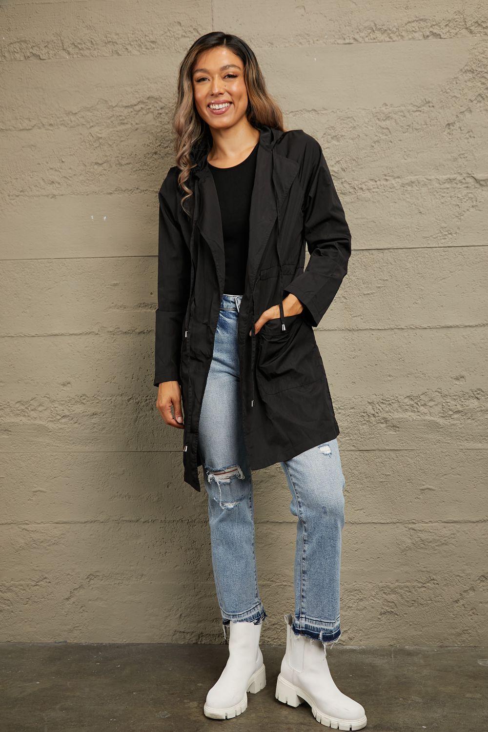 Drawstring Hooded Longline Jacket - Clothes For Her Online Store