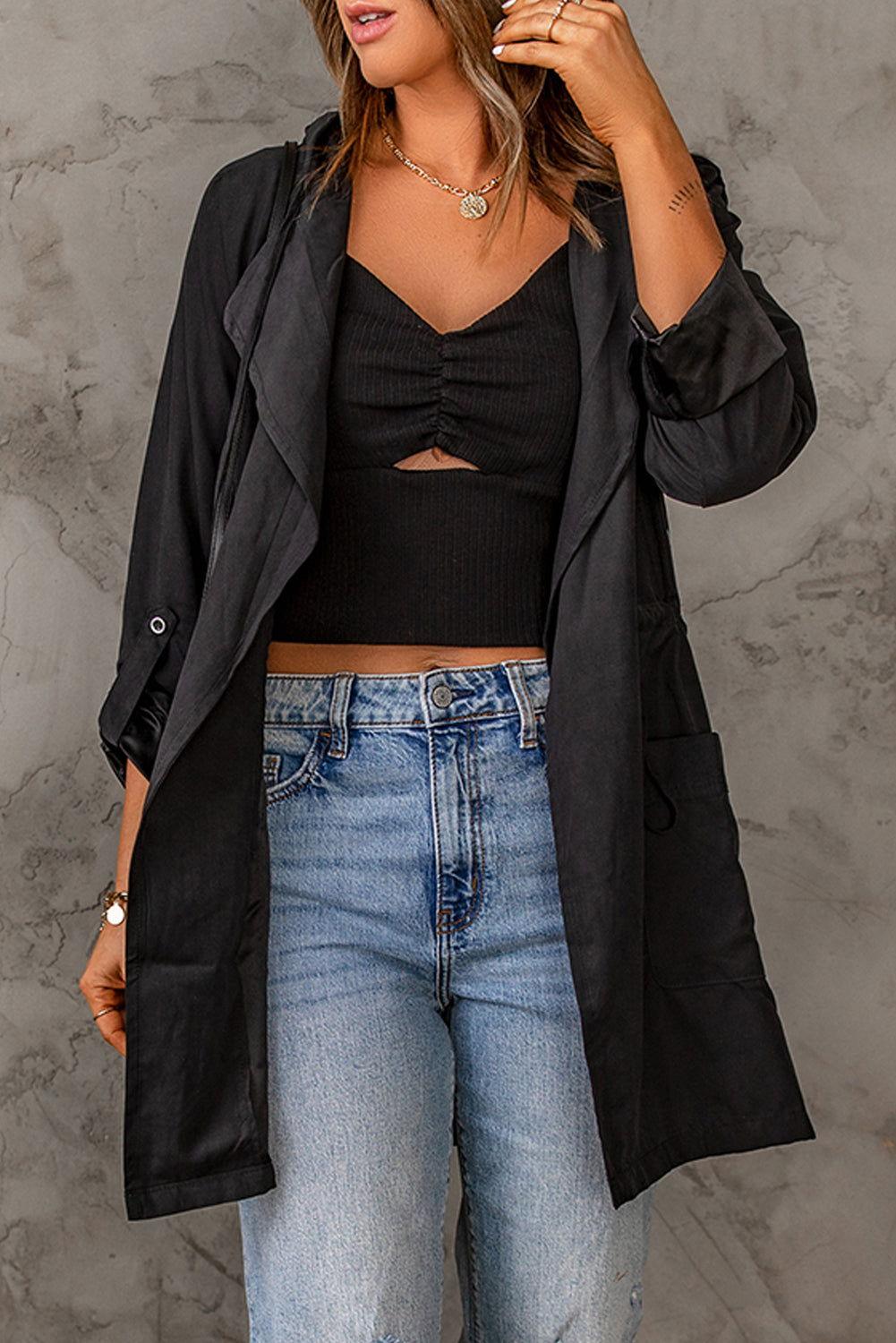 Drawstring Hooded Longline Jacket - Clothes For Her Online Store