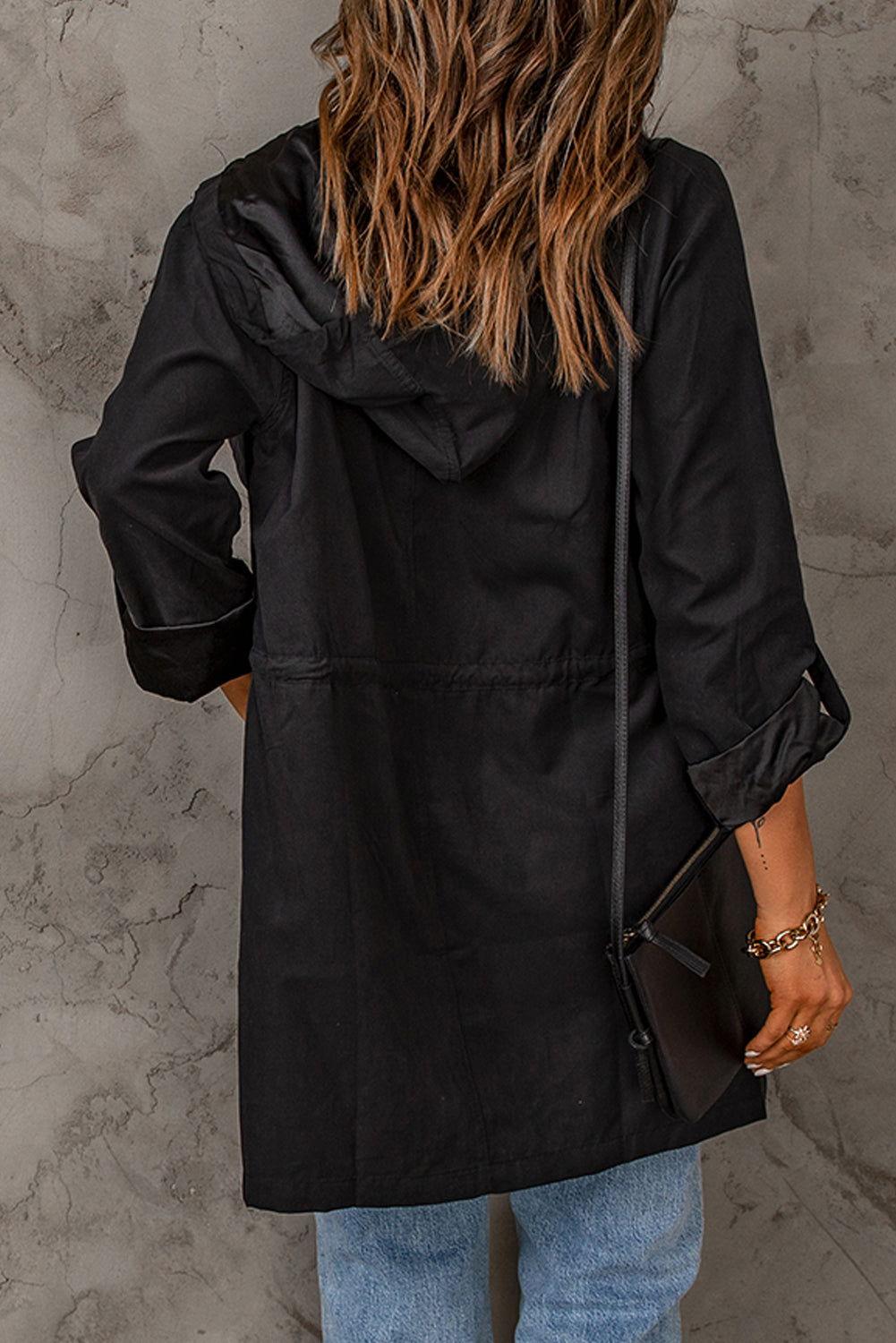 Drawstring Hooded Longline Jacket - Clothes For Her Online Store
