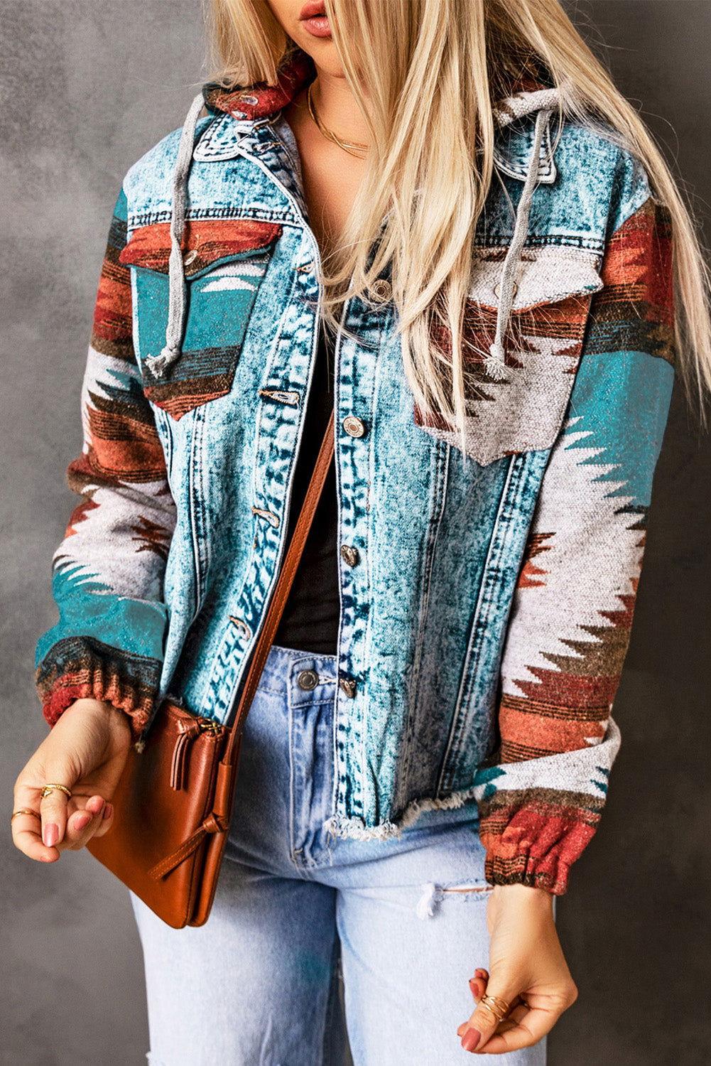 Drawstring Hooded Pocketed Denim Jacket - Clothes For Her Online Store