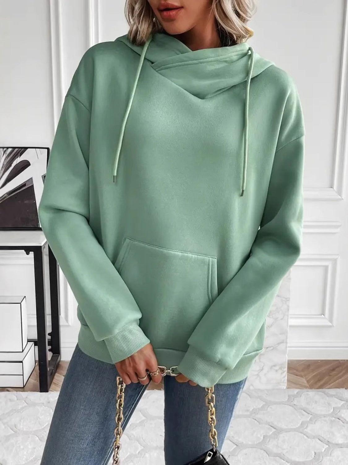 Drawstring Long Sleeve Hoodie with Kangaroo Pocket - Clothes For Her Online Store