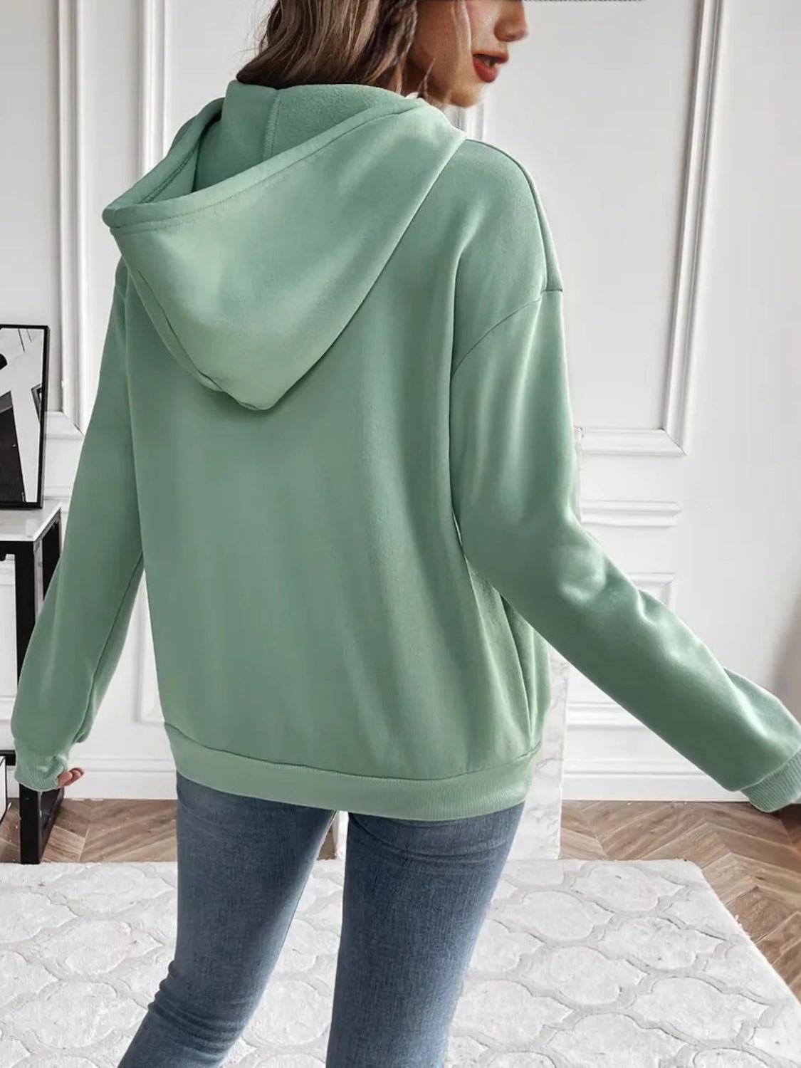 Drawstring Long Sleeve Hoodie with Kangaroo Pocket - Clothes For Her Online Store