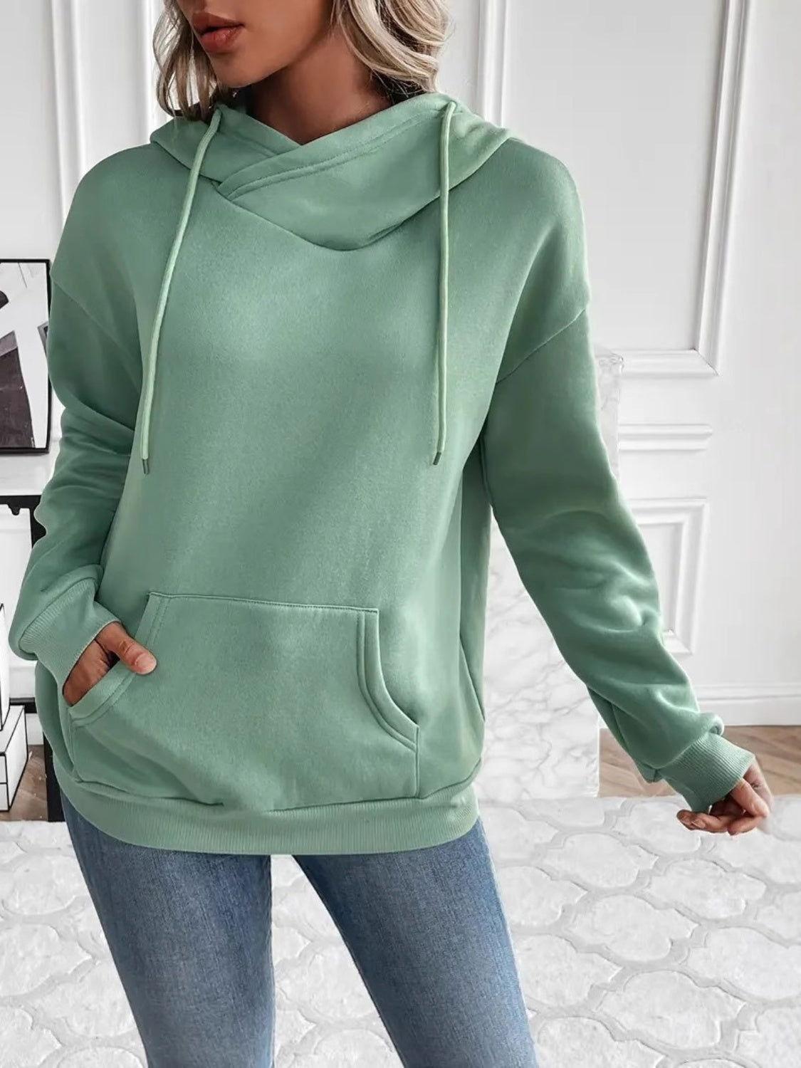Drawstring Long Sleeve Hoodie with Kangaroo Pocket - Clothes For Her Online Store