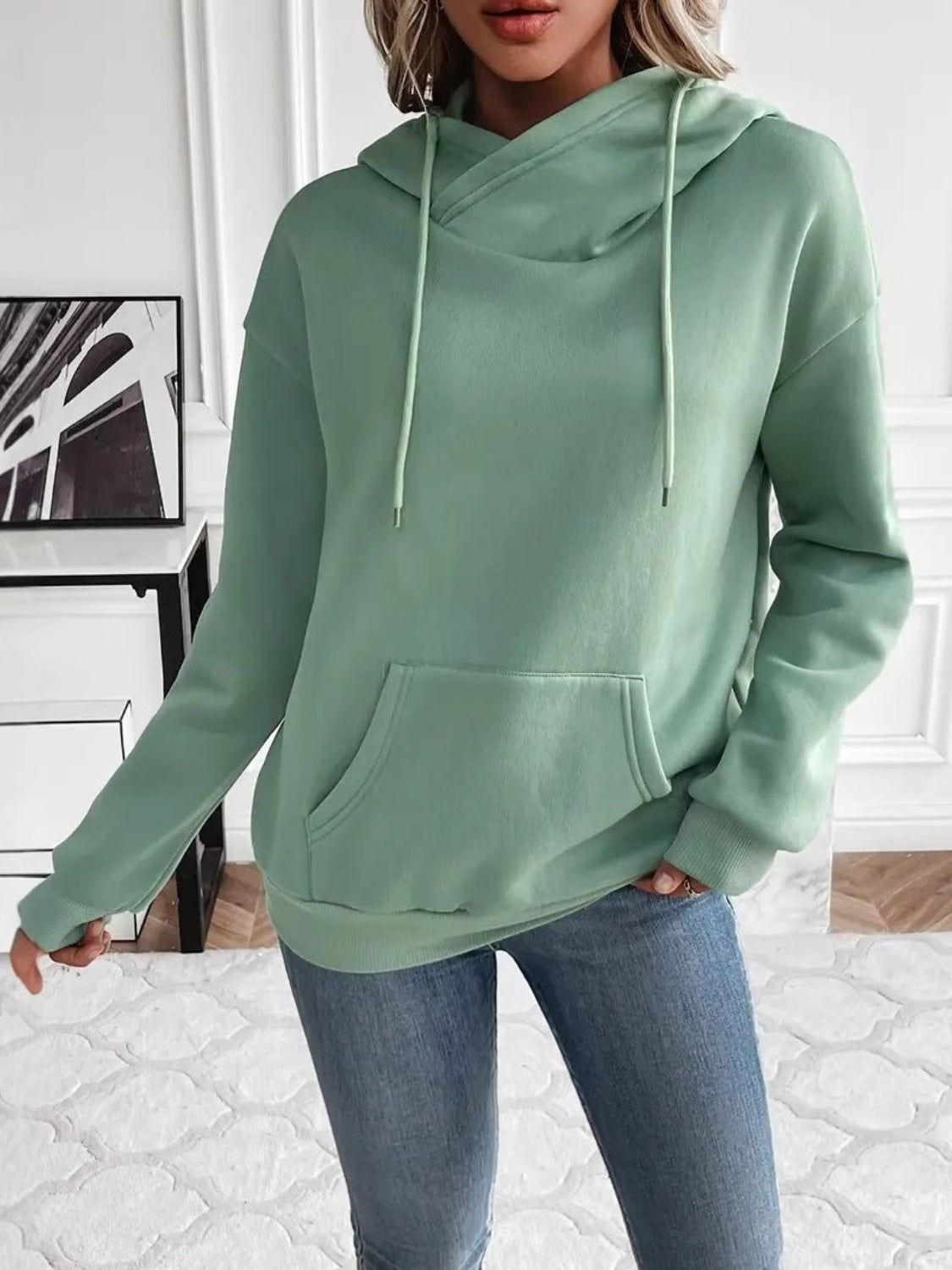 Drawstring Long Sleeve Hoodie with Kangaroo Pocket - Clothes For Her Online Store