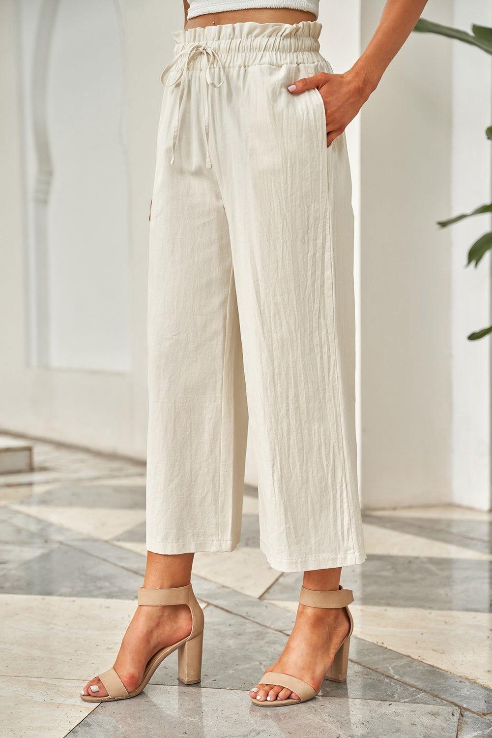 Drawstring Paperbag Waist Wide Leg Pants - Clothes For Her Online Store