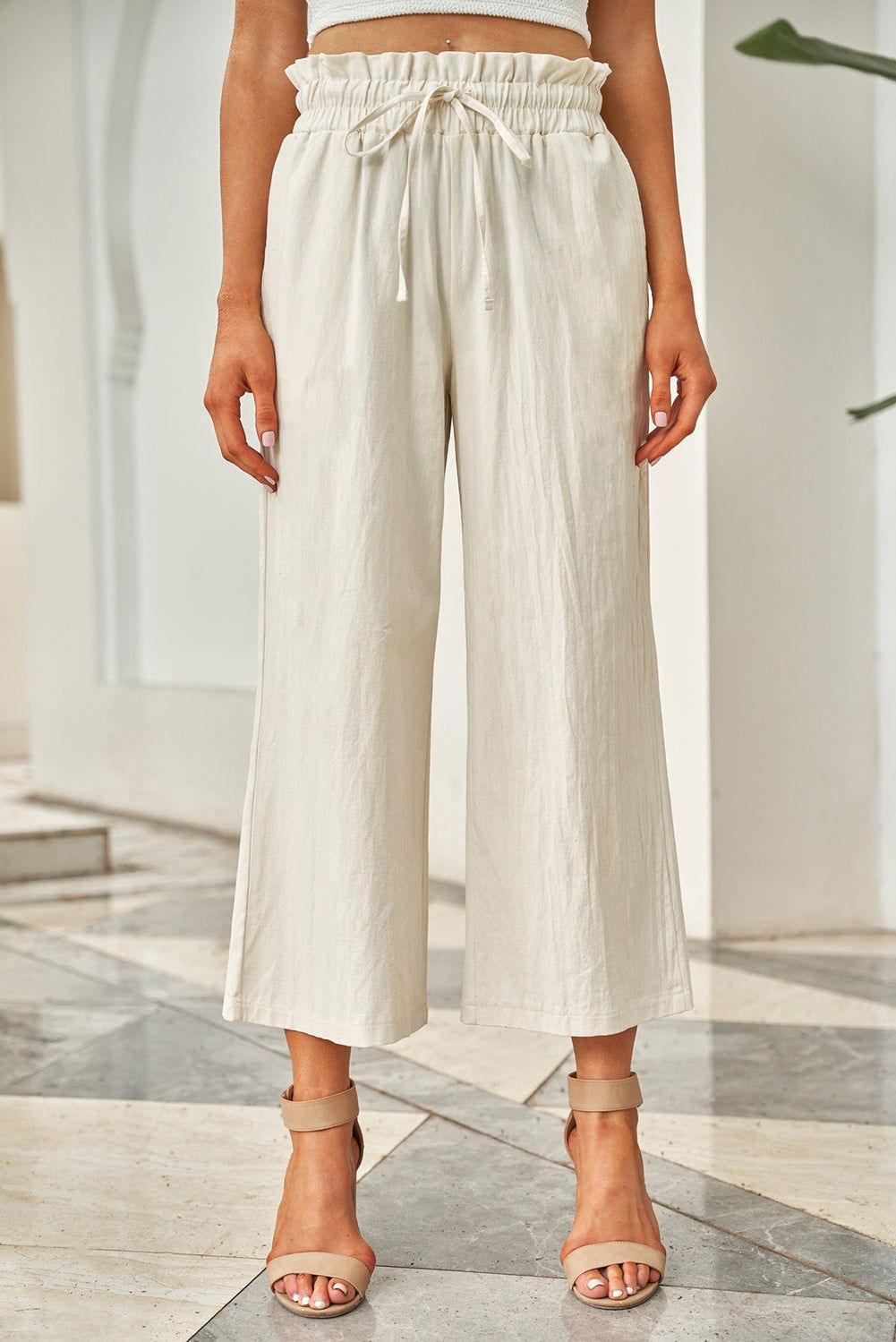 Drawstring Paperbag Waist Wide Leg Pants - Clothes For Her Online Store
