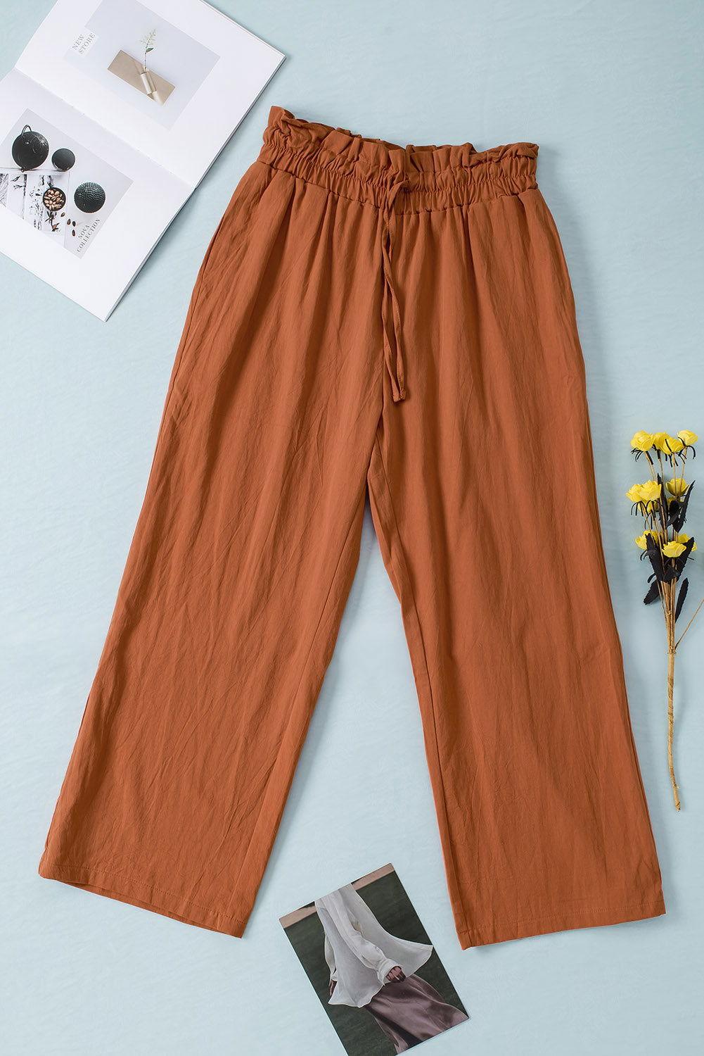 Drawstring Paperbag Waist Wide Leg Pants - Clothes For Her Online Store
