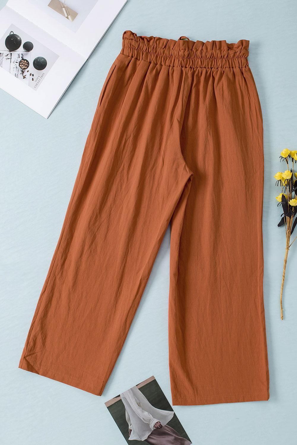 Drawstring Paperbag Waist Wide Leg Pants - Clothes For Her Online Store