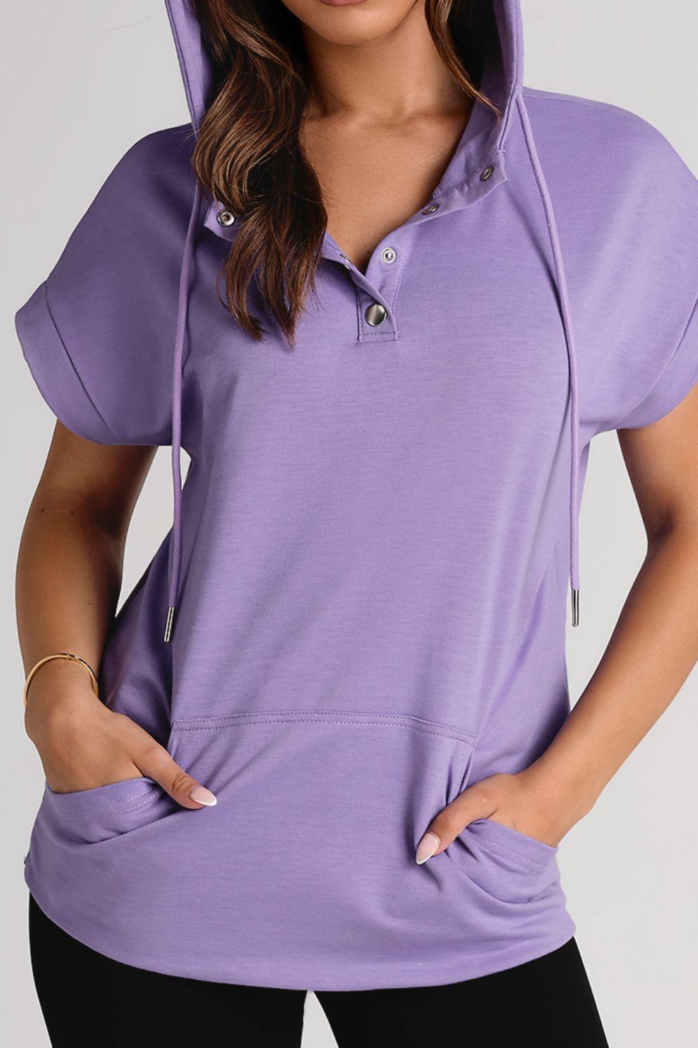 Drawstring Quarter Snap Cap Sleeve Hoodie - Clothes For Her Online Store