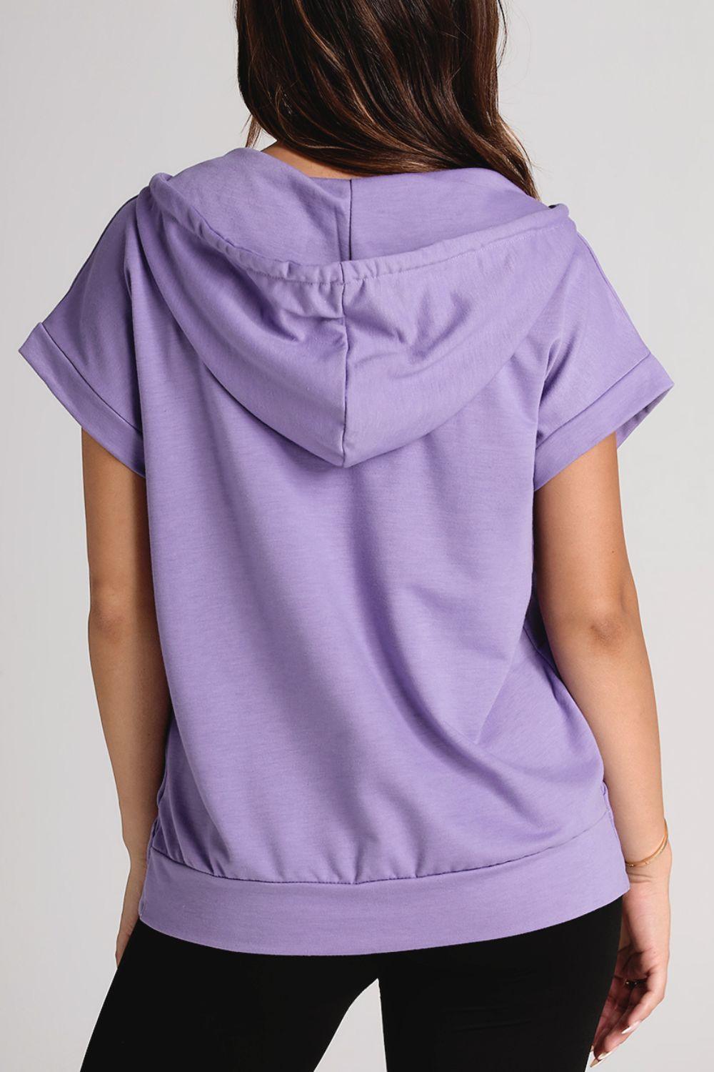 Drawstring Quarter Snap Cap Sleeve Hoodie - Clothes For Her Online Store