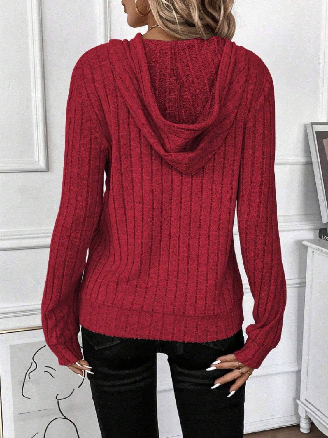 Drawstring Ribbed Long Sleeve Hoodie - Clothes For Her Online Store