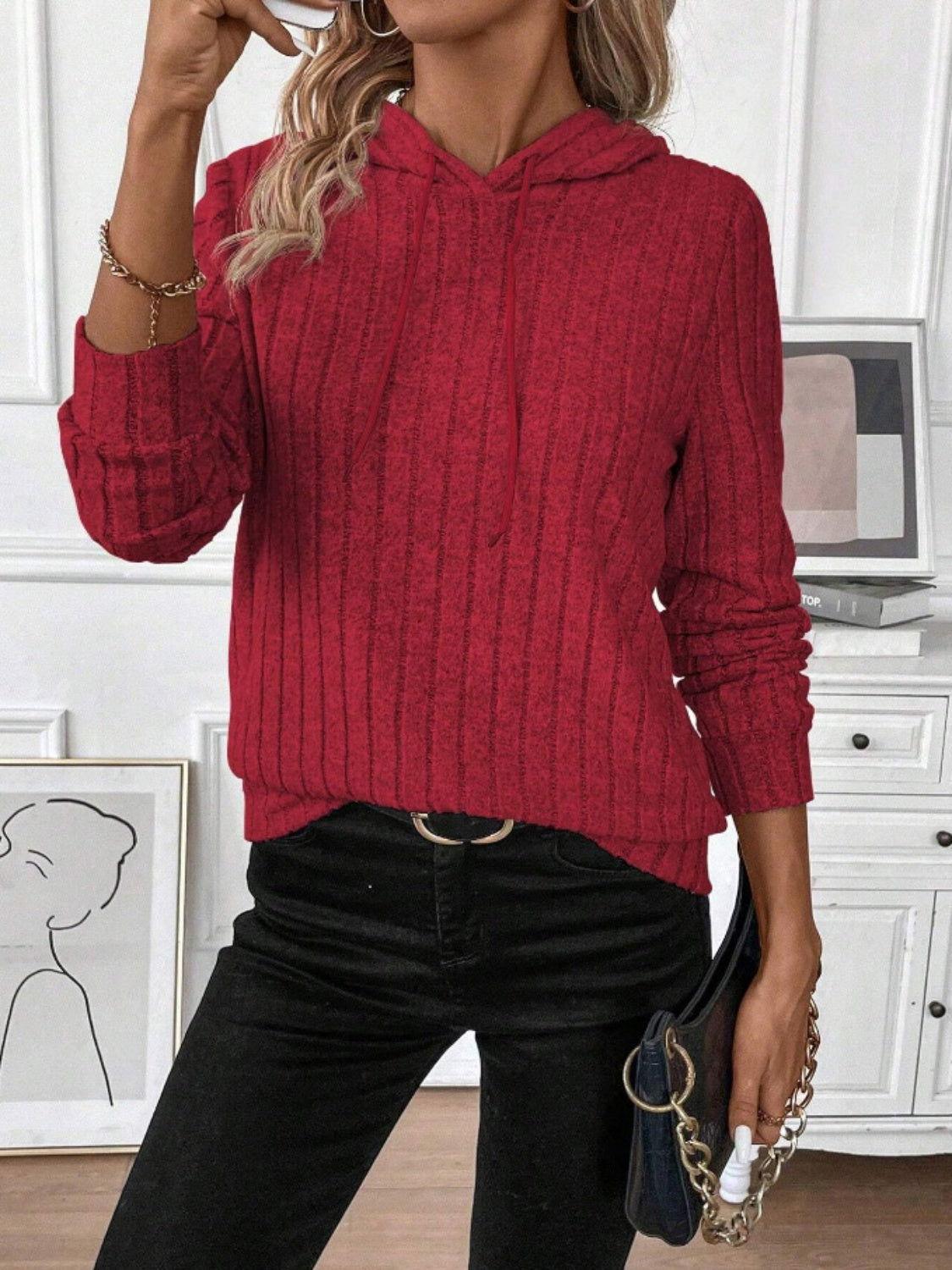 Drawstring Ribbed Long Sleeve Hoodie - Clothes For Her Online Store