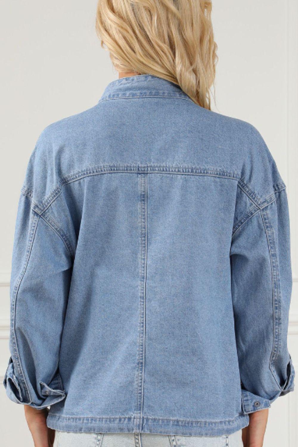 Drawstring Snap Down Denim Jacket with Chest Pockets - Clothes For Her Online Store
