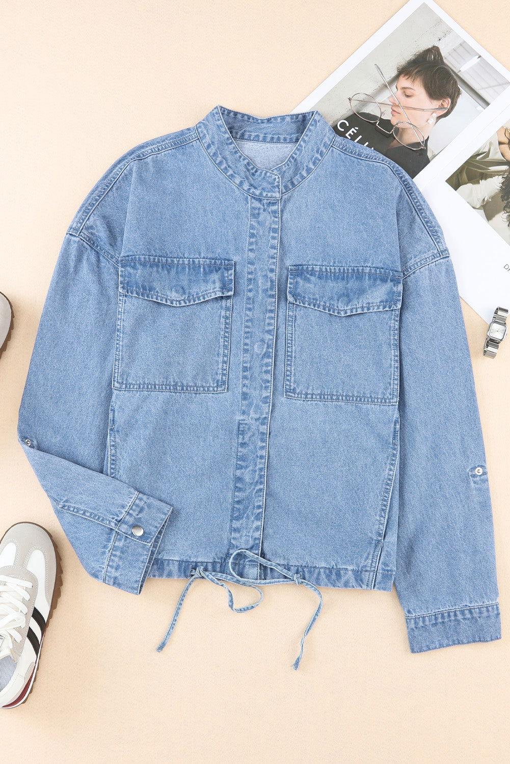 Drawstring Snap Down Denim Jacket with Chest Pockets - Clothes For Her Online Store