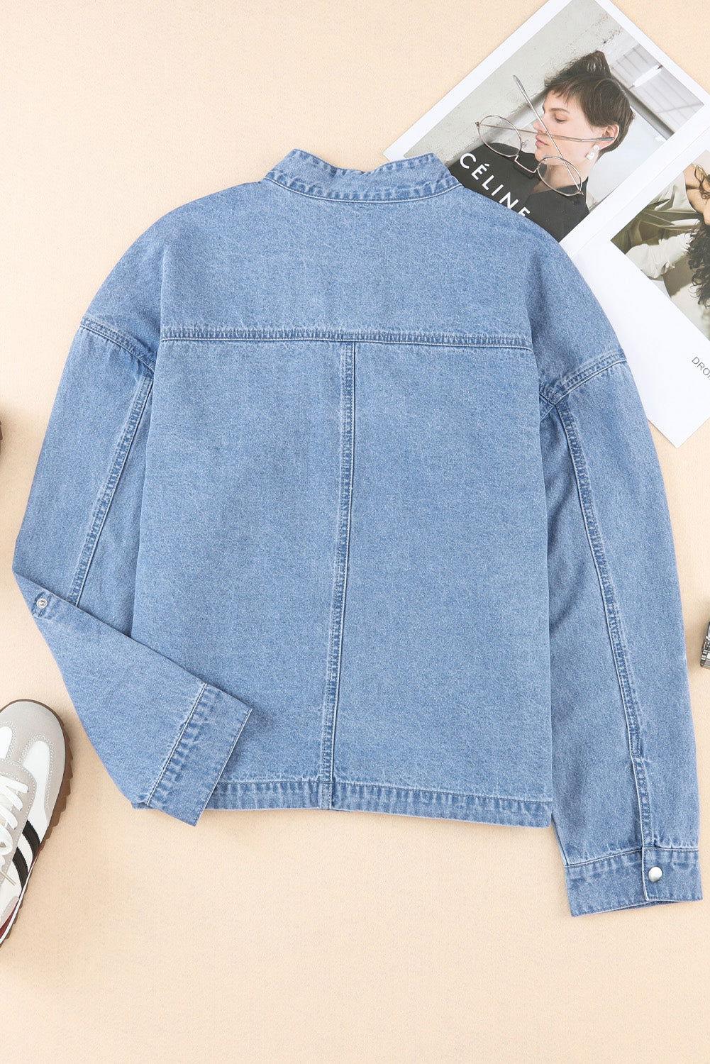 Drawstring Snap Down Denim Jacket with Chest Pockets - Clothes For Her Online Store