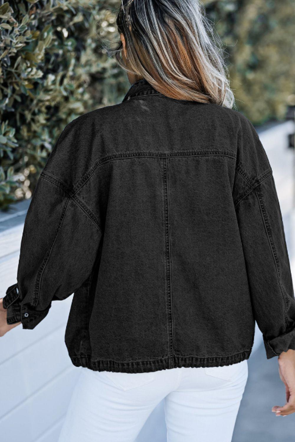 Drawstring Snap Down Denim Jacket with Chest Pockets - Clothes For Her Online Store