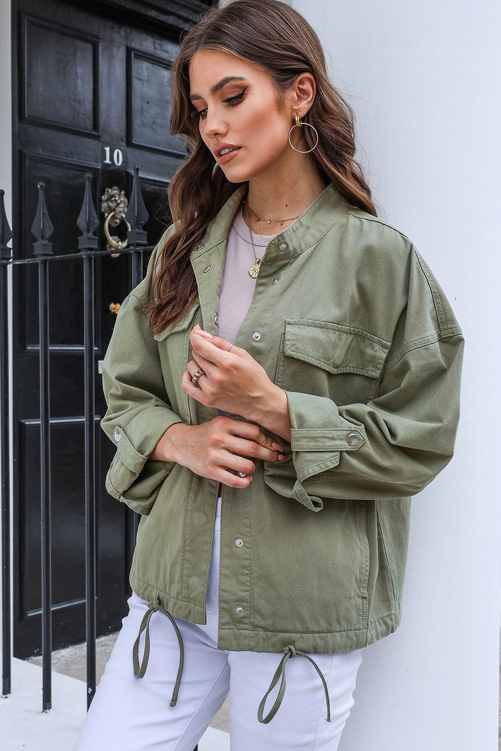 Drawstring Snap Down Dropped Shoulder Denim Jacket - Clothes For Her Online Store