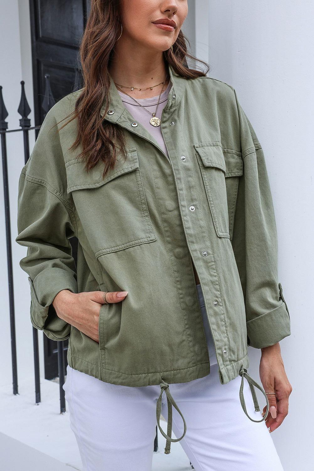 Drawstring Snap Down Dropped Shoulder Denim Jacket - Clothes For Her Online Store