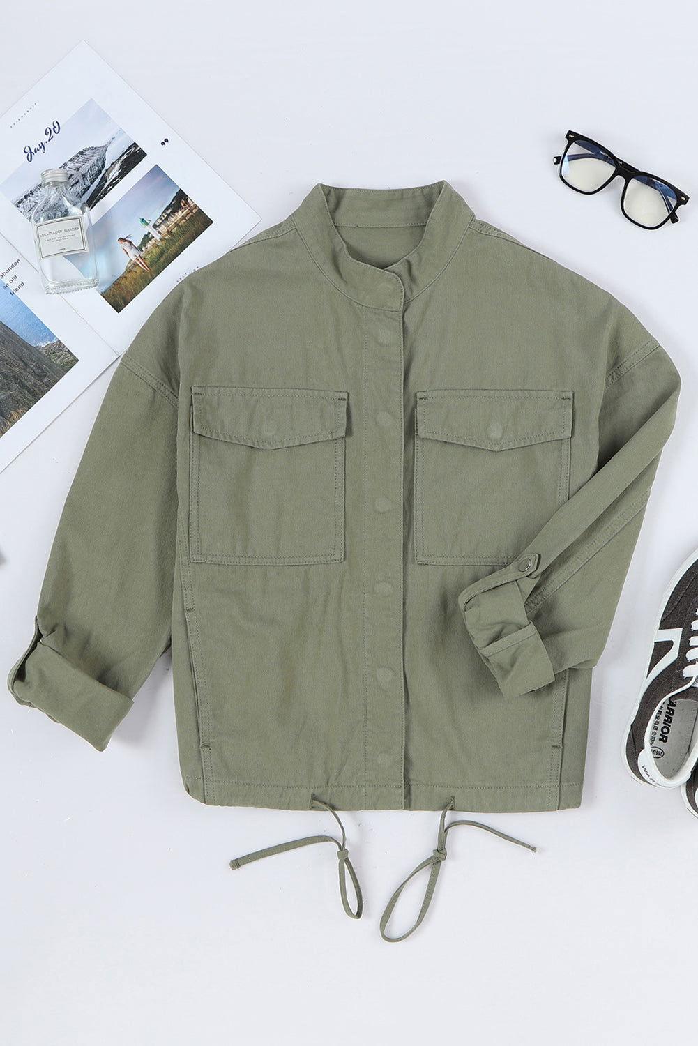 Drawstring Snap Down Dropped Shoulder Denim Jacket - Clothes For Her Online Store