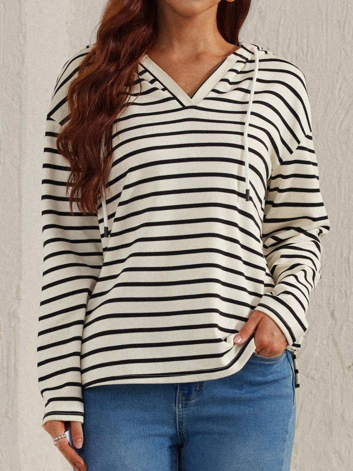 Drawstring Striped Long Sleeve Hoodie - Clothes For Her Online Store