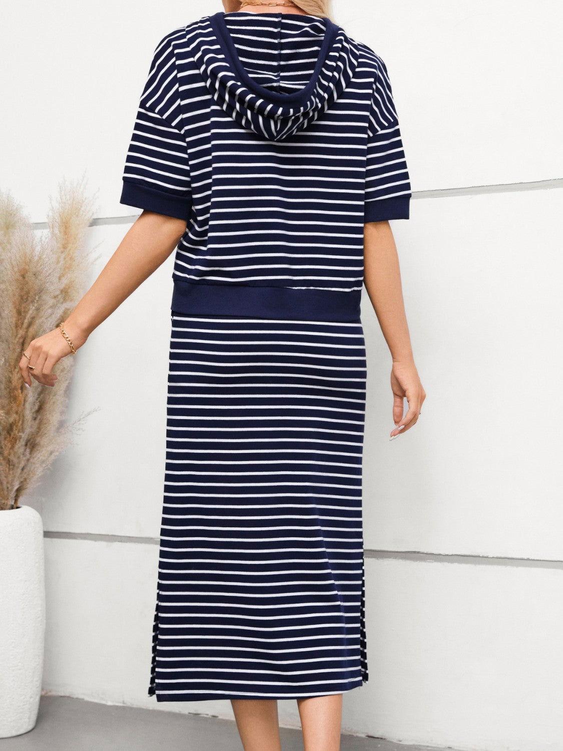 Drawstring Striped Short Sleeve Hooded Top and Skirt Set - Clothes For Her Online Store