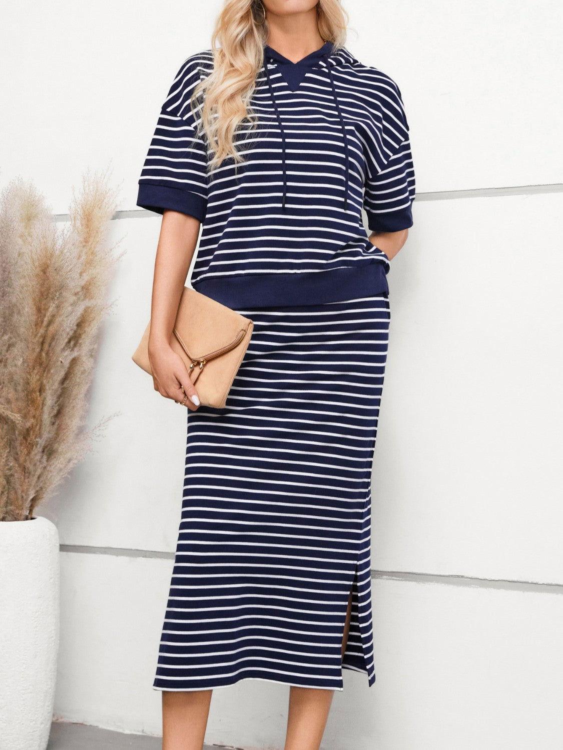 Drawstring Striped Short Sleeve Hooded Top and Skirt Set - Clothes For Her Online Store