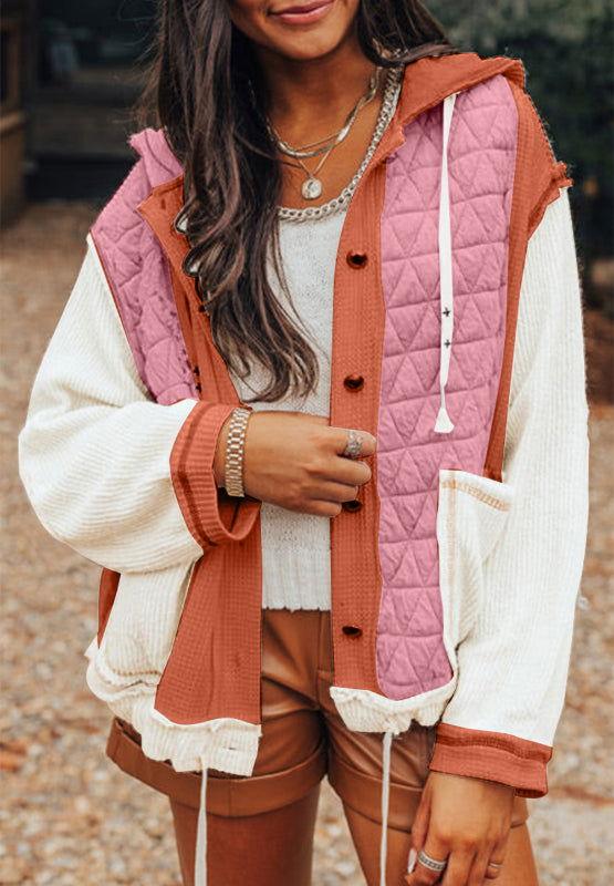 Drawstring Texture Button Up Long Sleeve Hooded Jacket - Clothes For Her Online Store