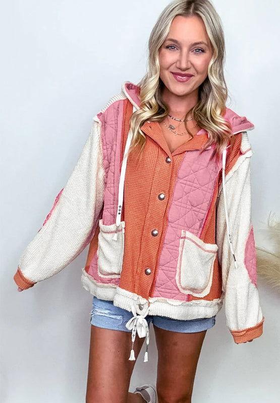 Drawstring Texture Button Up Long Sleeve Hooded Jacket - Clothes For Her Online Store