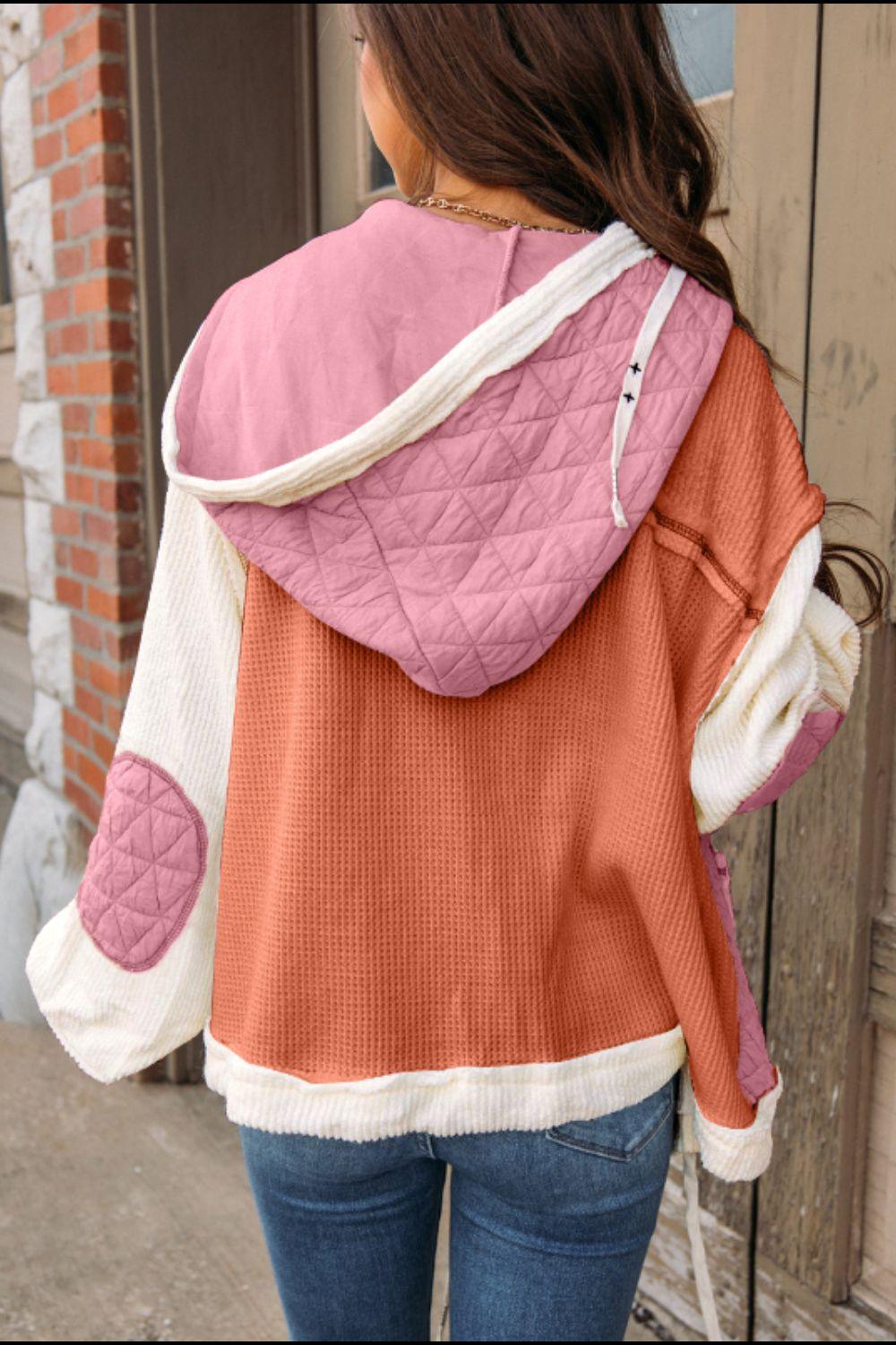 Drawstring Texture Button Up Long Sleeve Hooded Jacket - Clothes For Her Online Store