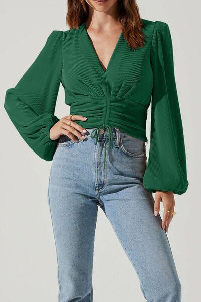 Drawstring V-Neck Long Sleeve Blouse - Clothes For Her Online Store