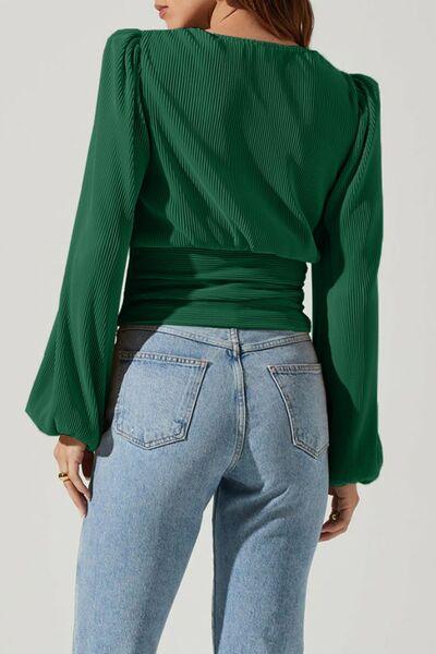 Drawstring V-Neck Long Sleeve Blouse - Clothes For Her Online Store