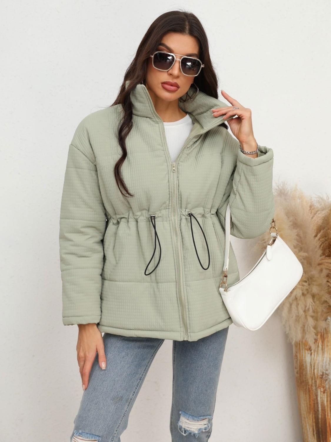 Drawstring Waist Zip-Up Puffer Jacket - Clothes For Her Online Store