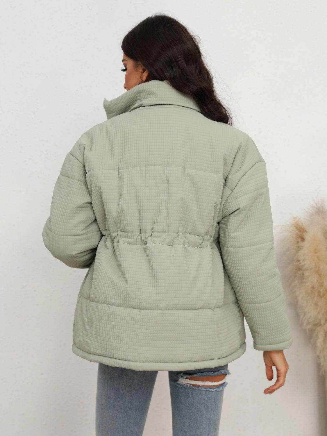 Drawstring Waist Zip-Up Puffer Jacket - Clothes For Her Online Store