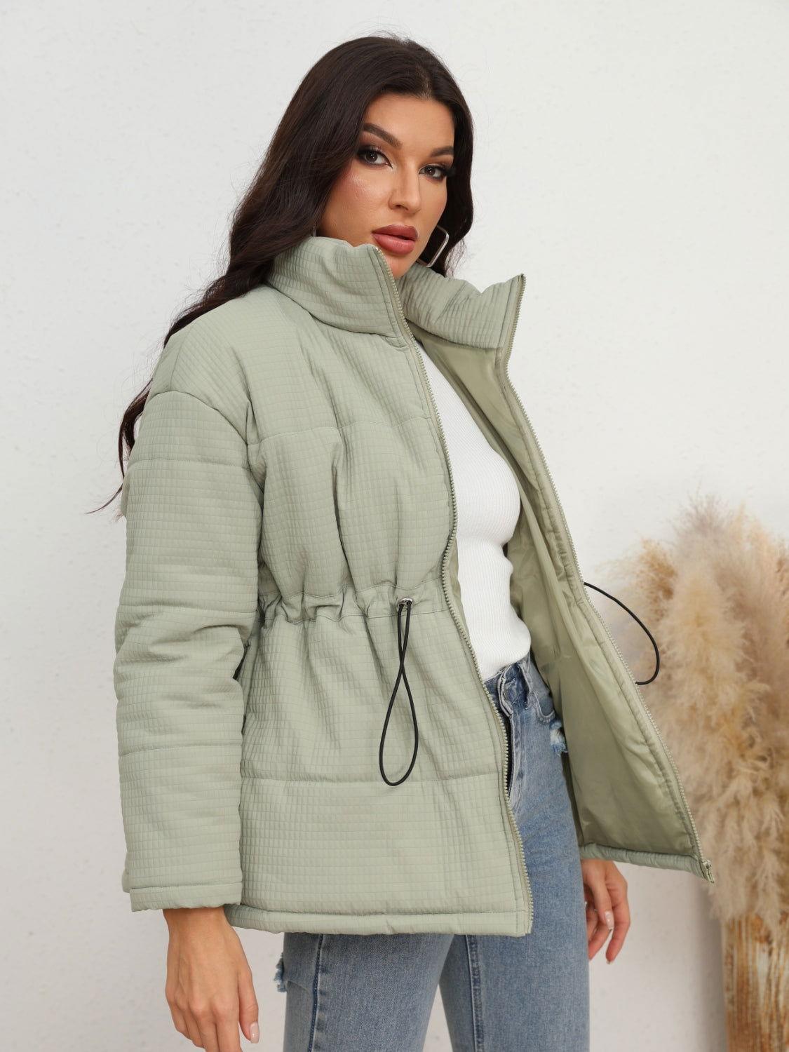 Drawstring Waist Zip-Up Puffer Jacket - Clothes For Her Online Store