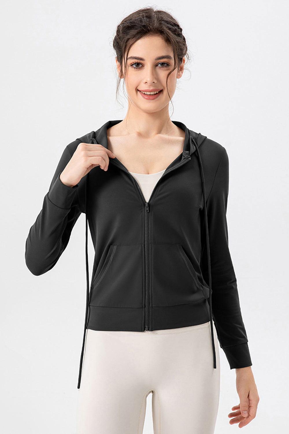 Drawstring Zip Up Hooded Active Outerwear - Clothes For Her Online Store