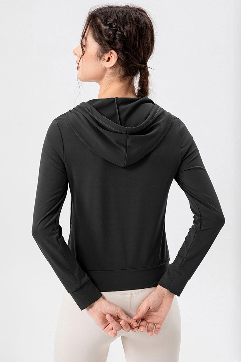 Drawstring Zip Up Hooded Active Outerwear - Clothes For Her Online Store