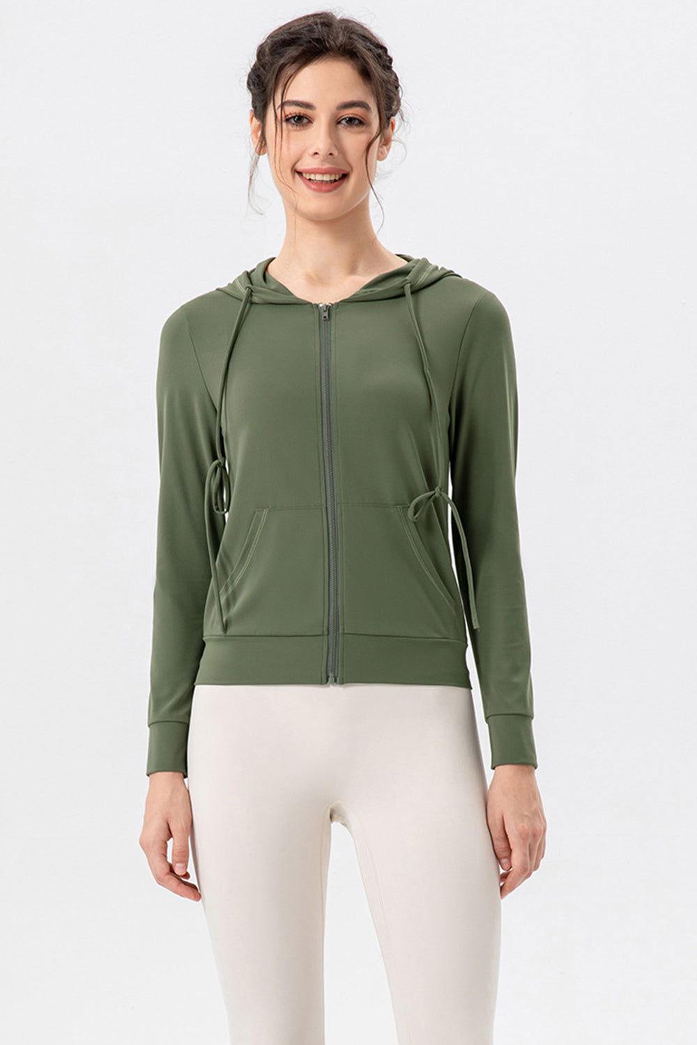 Drawstring Zip Up Hooded Active Outerwear - Clothes For Her Online Store