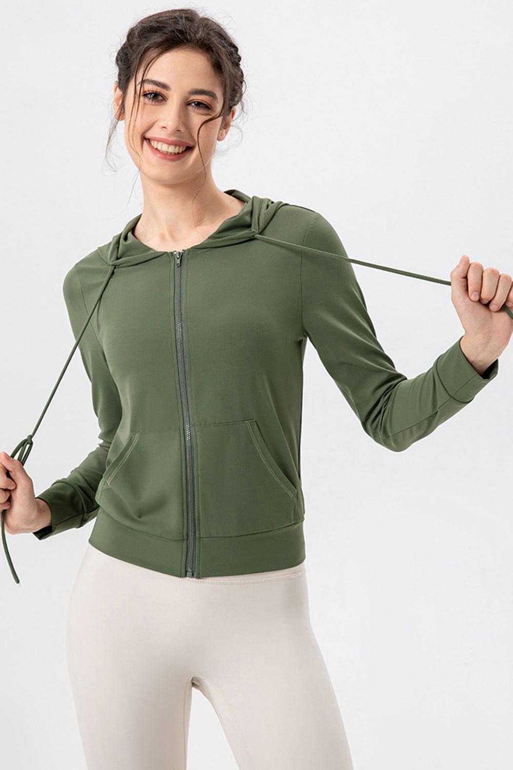 Drawstring Zip Up Hooded Active Outerwear - Clothes For Her Online Store