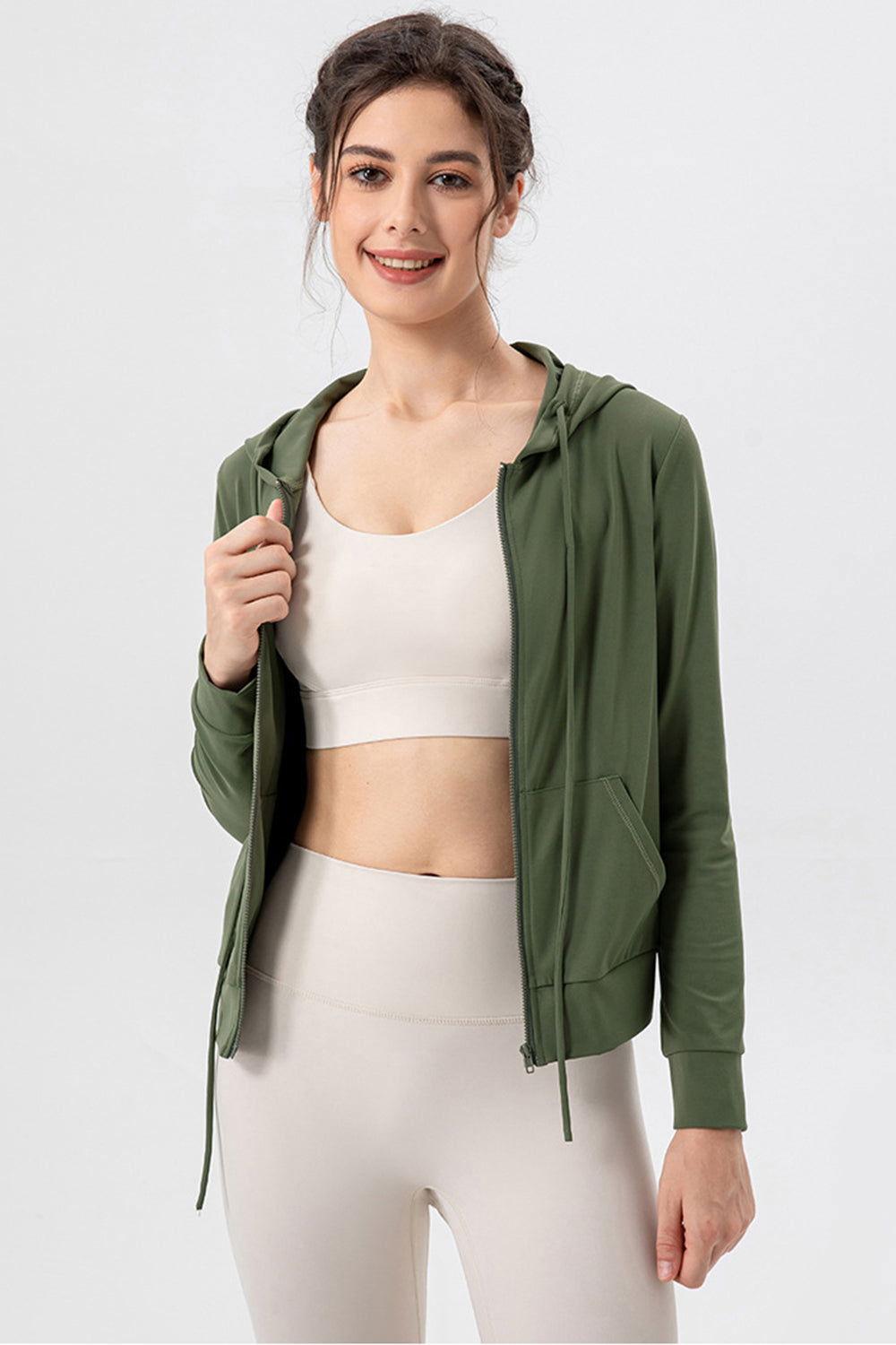 Drawstring Zip Up Hooded Active Outerwear - Clothes For Her Online Store
