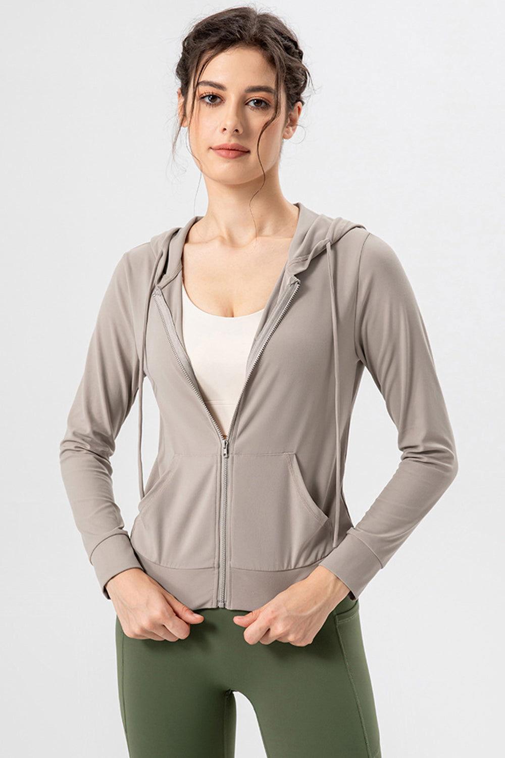 Drawstring Zip Up Hooded Active Outerwear - Clothes For Her Online Store