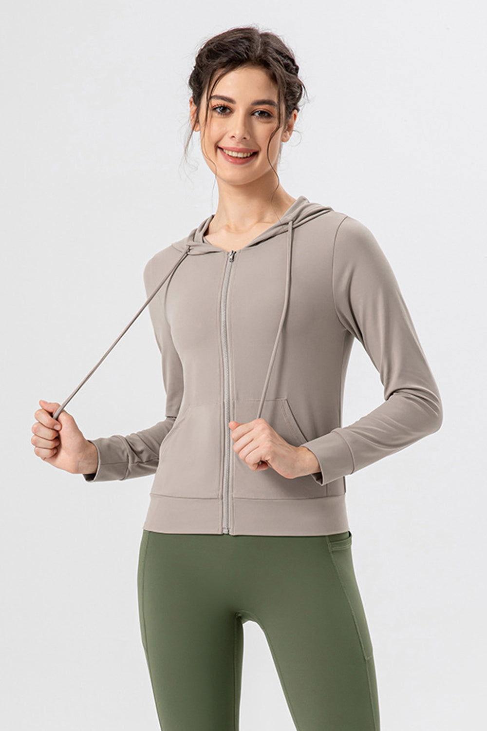 Drawstring Zip Up Hooded Active Outerwear - Clothes For Her Online Store